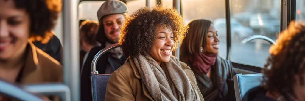 A city bus full of a diverse group of happy and content passengers on the way to their next stop.