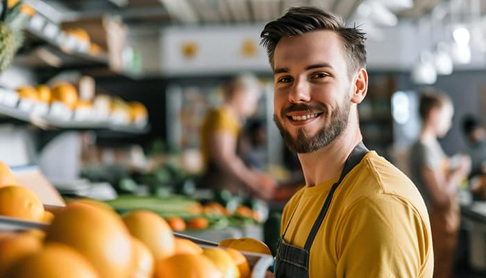 Young man volunteering in his community to provide food for people in need