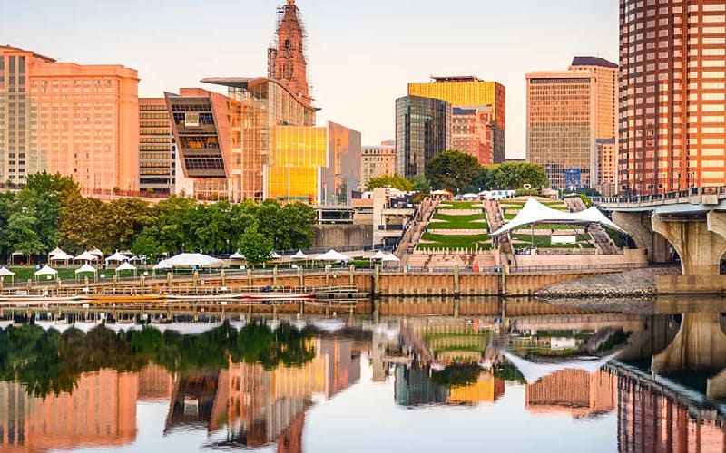 Hartford, Connecticut buildings and bridge on the water