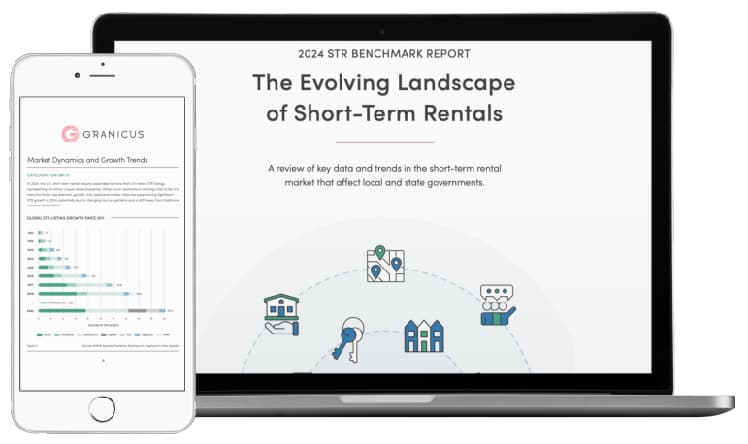 Granicus' 2024 Short term rental benchmark report on a laptop and phone.